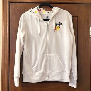 Disney Parks White Embroidered 2020 Mickey Zip Up Hooded Sweatshirt Large LN